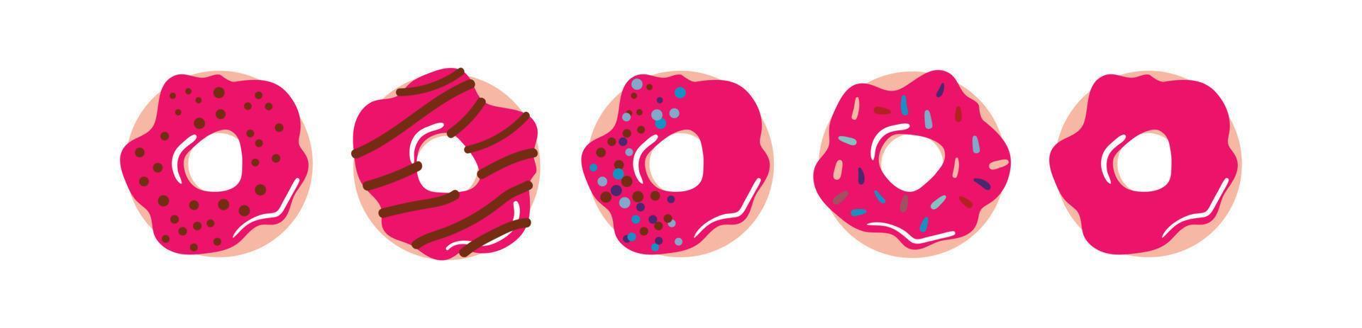 Donuts in bright pink glaze, decorated with sprinkles and chocolate vector