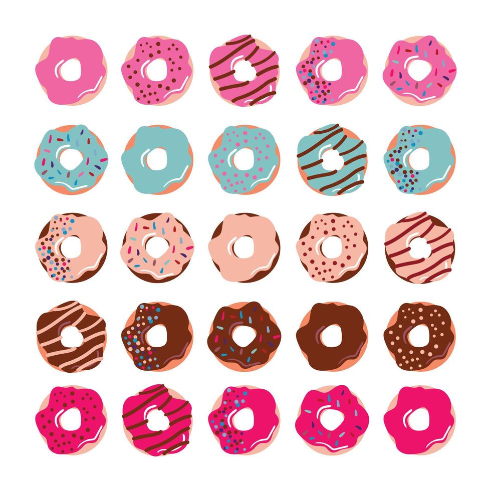 donuts en glaseado colorido, decorados con chispitas y chocolate vector