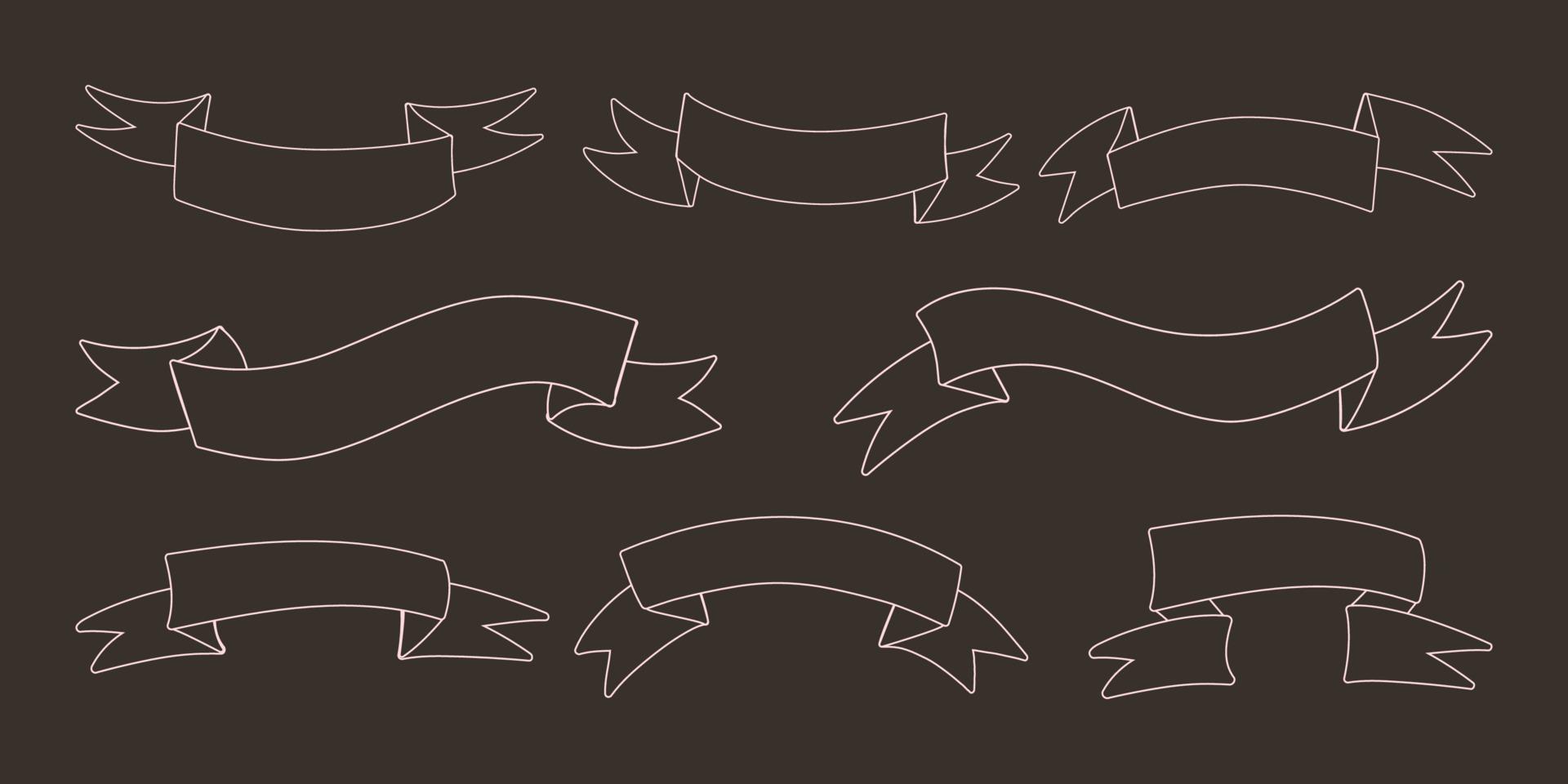 Ribbon set. Outline ribbons, light strokes on darck background. Vintage ribbons vector