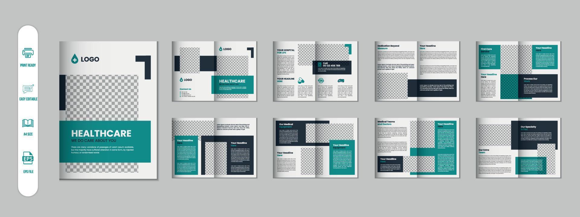 16 Pages Medical brochure, Healthcare annual report, business profile a4 size flyer template design vector