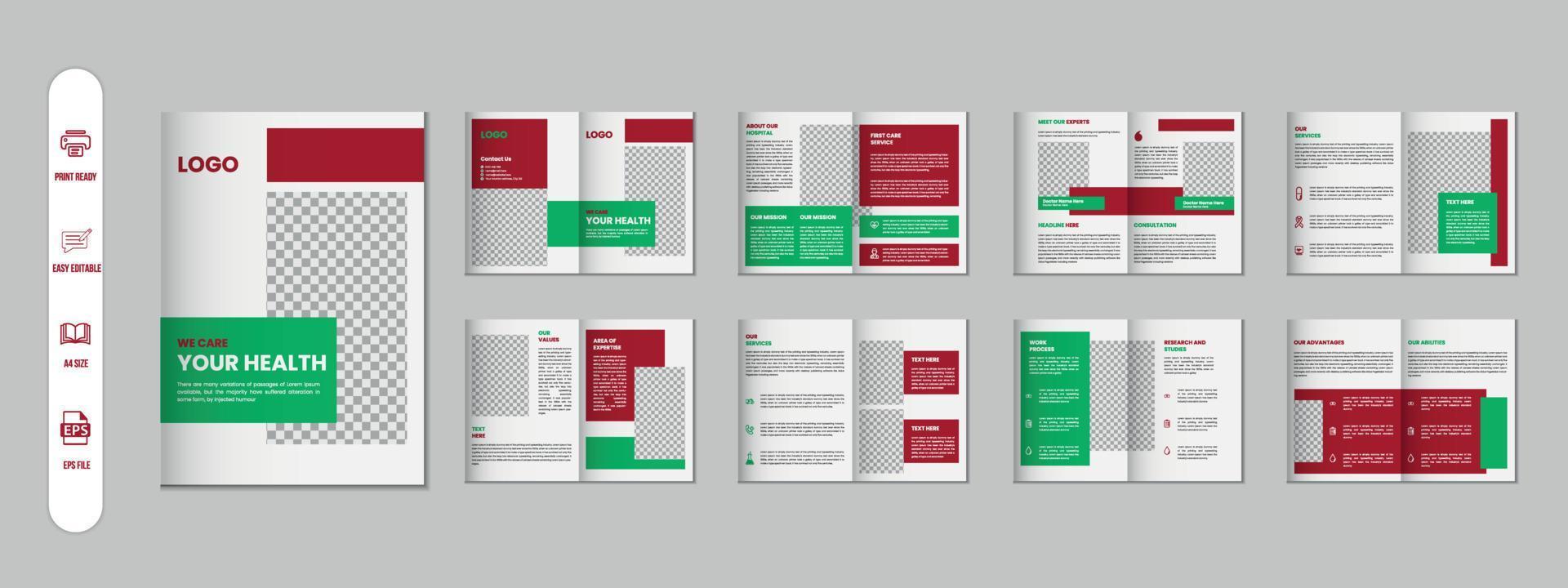 16 Pages Medical brochure, Healthcare annual report, business profile a4 size flyer template design vector