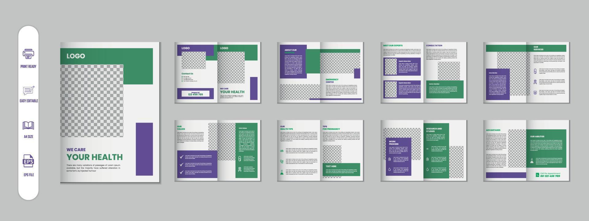 16 Pages Medical brochure, Healthcare annual report, business profile a4 size flyer template design vector