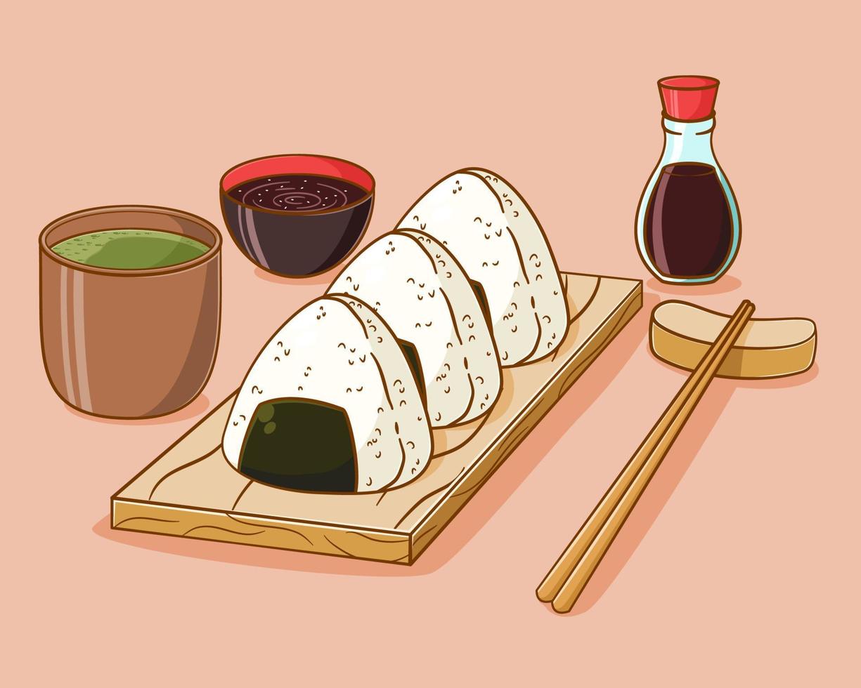 Hand drawn onigiri cartoon illustration vector