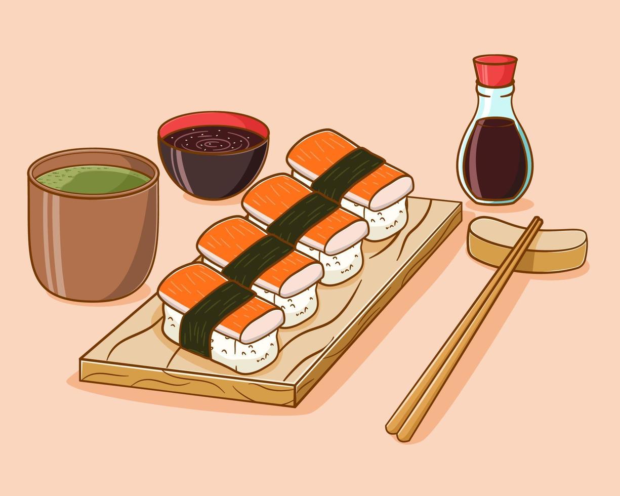 Hand drawn sushi cartoon illustration vector