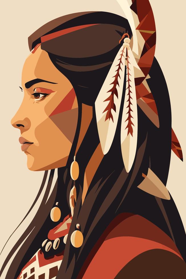 Native american indian woman with feathers in profile, vector illustration
