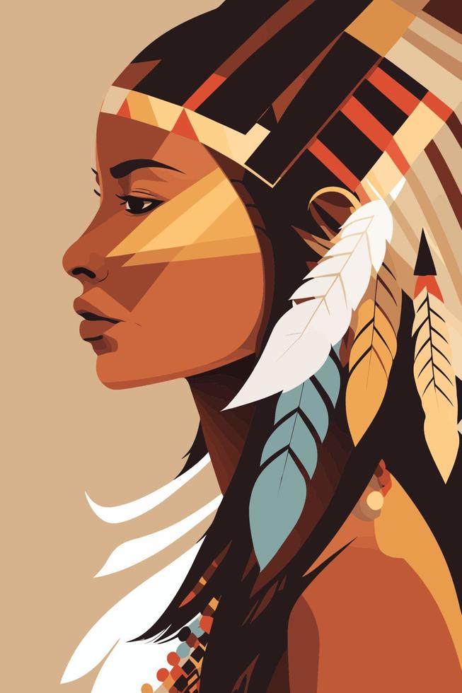 nativo americano indio mujer con plumas en perfil, vector ilustración