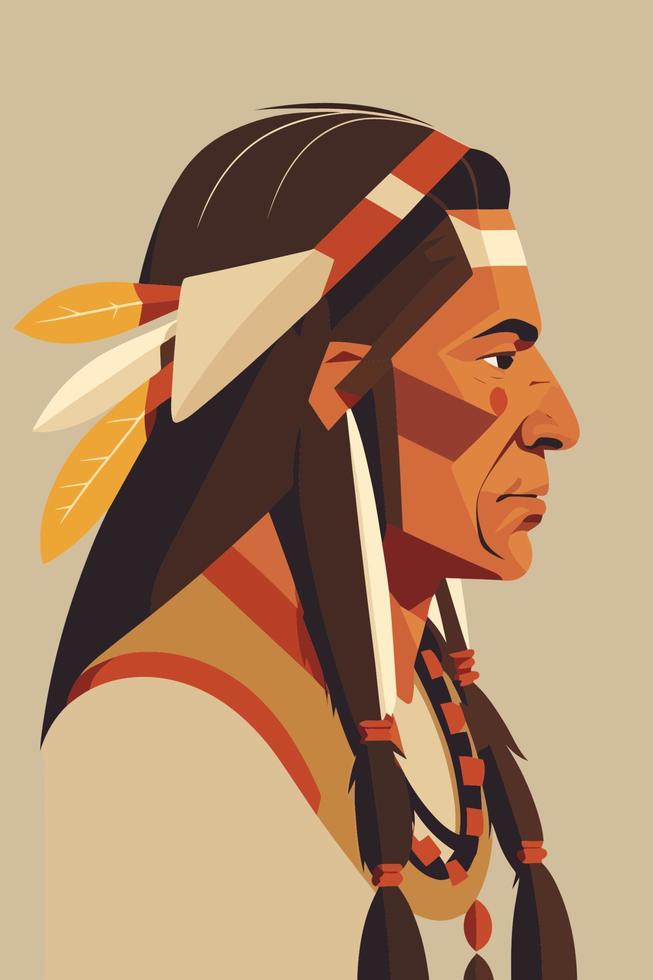 Hombre indio nativo americano con plumas de perfil, ilustración vectorial vector