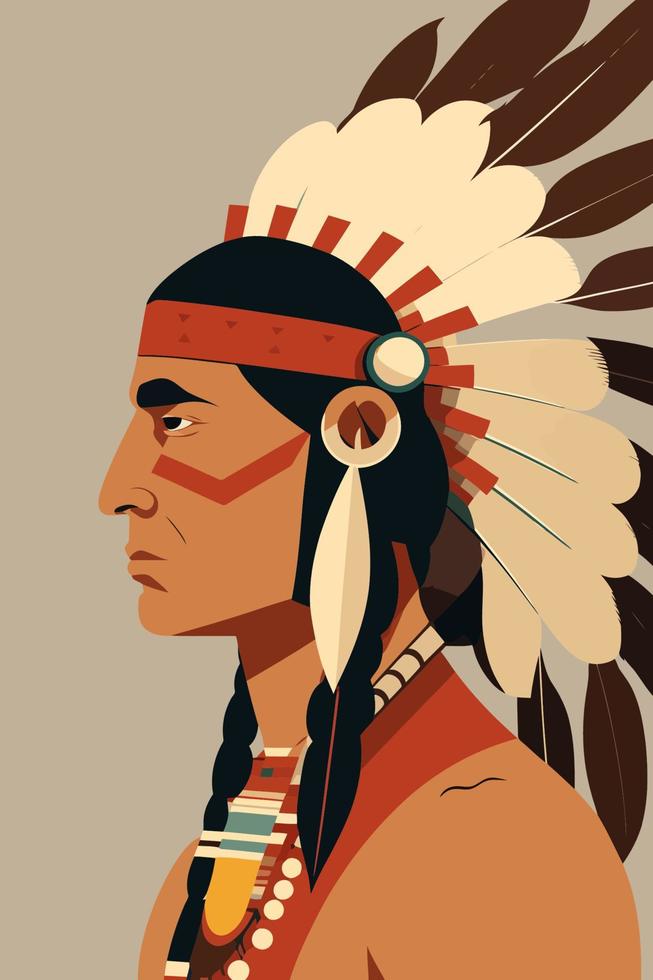 Native american indian man with feathers in profile, vector illustration