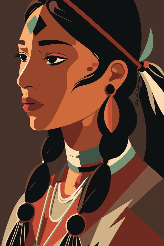 nativo americano indio mujer con plumas en perfil, vector ilustración