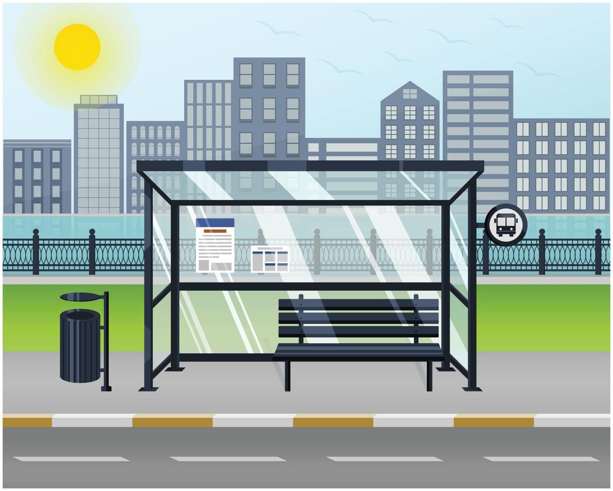 Cityscape Bus Stop Illustration, Public Transport Bus Station With City And River Background vector