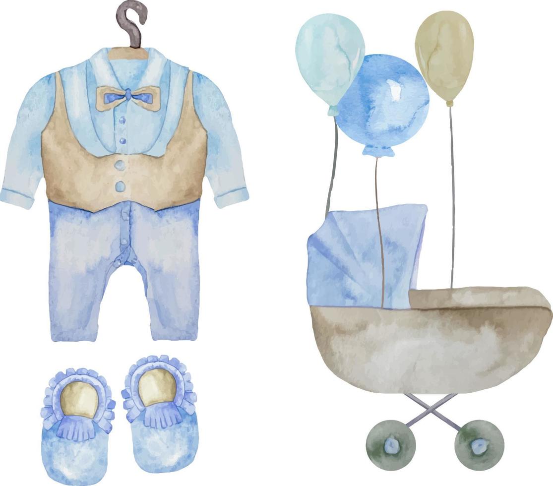 Watercolor set of baby boy blue elements with baby stroller, shoes and suit illustration. Its a boy set vector