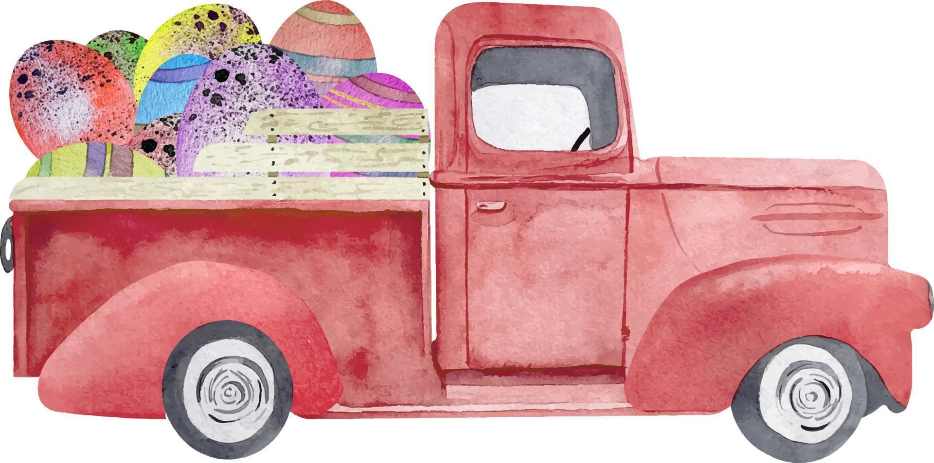 Watercolor Easter red retro truck with eggs. Old car illustration for Easter card making vector