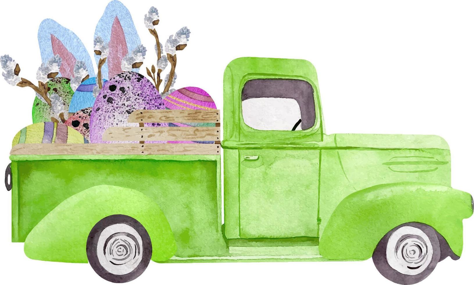 Watercolor Easter green retro truck with eggs and willow. Old car illustration for Easter card making vector