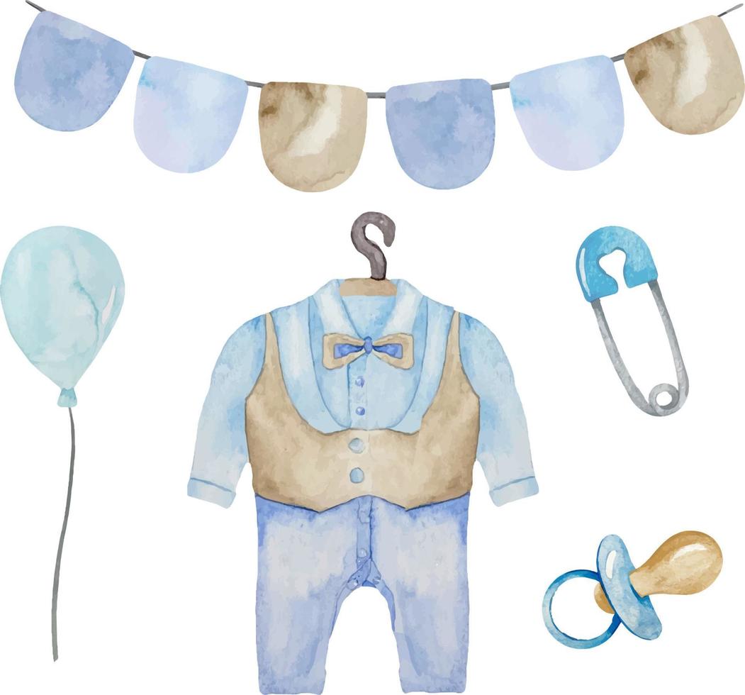 Watercolor set of baby boy blue elements with pacifier, baby suit, pin and balloon illustration. Its a boy set vector
