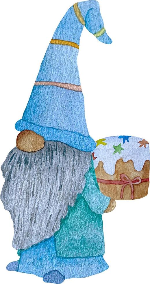 Watercolor cute Easter gnomes in blue with easter cake on a white background. vector