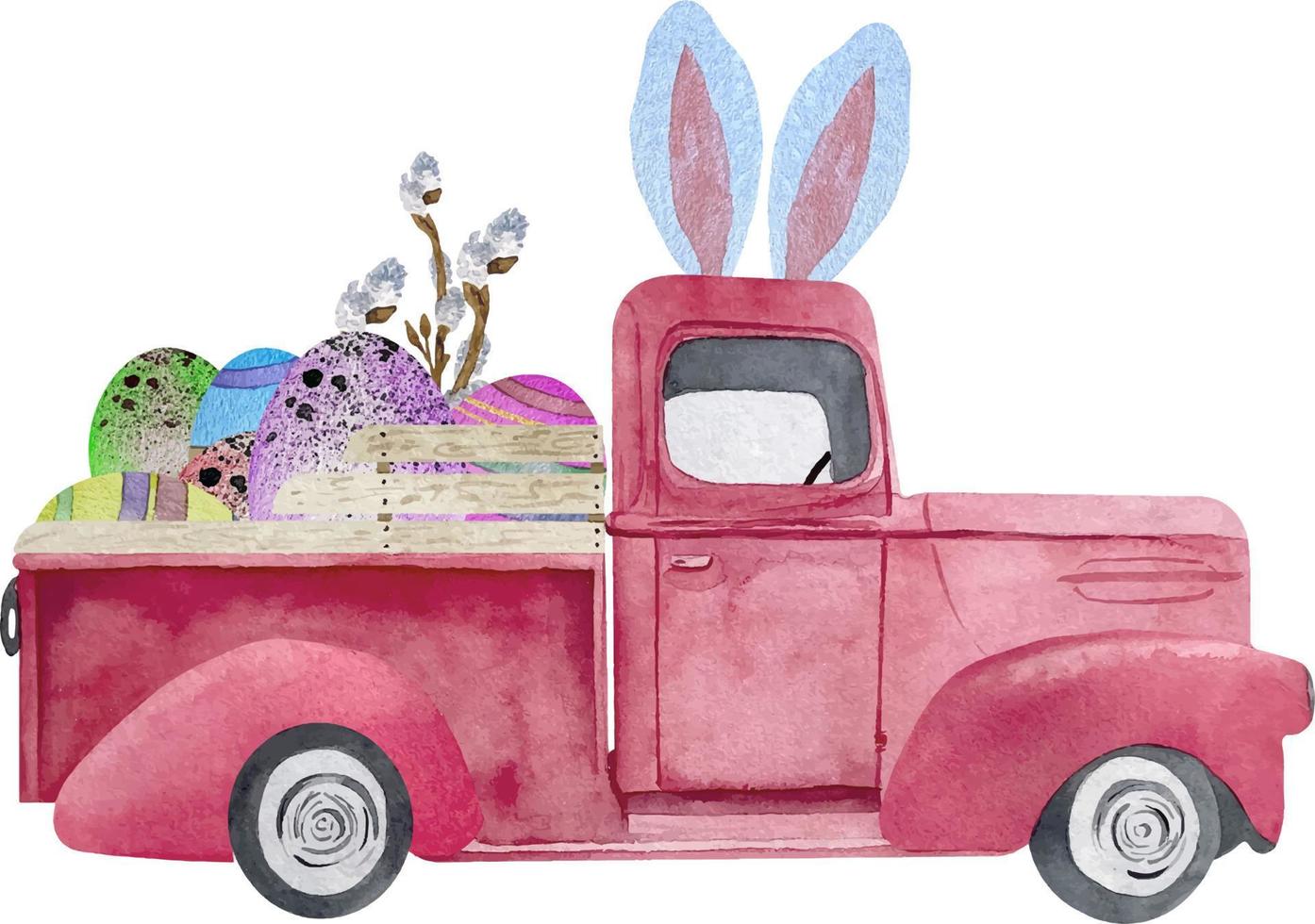 Watercolor Easter pink retro truck with eggs and willow. Old car illustration for Easter card making vector