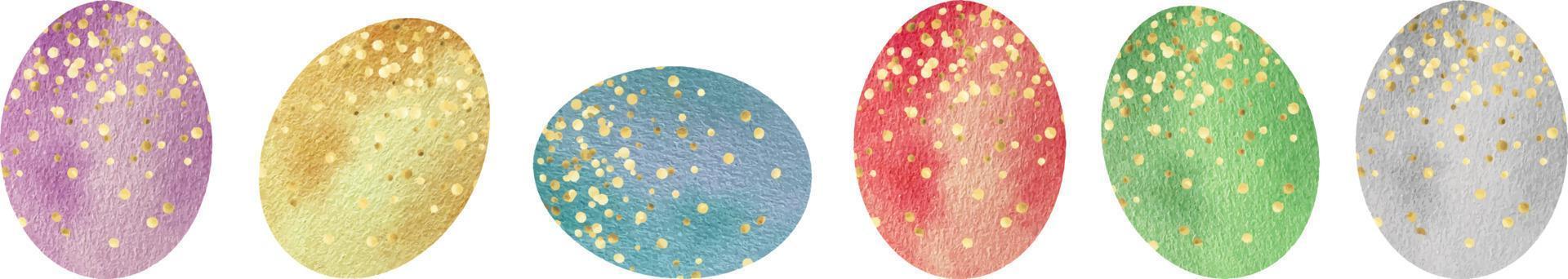 Watercolor set of colored Easter eggs with gold points on a white background. Ideal for invitations, cards, greetings, wedding design. vector