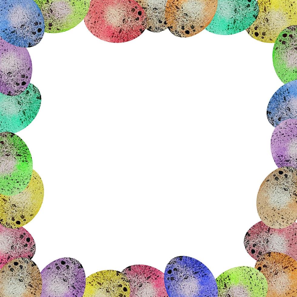Watercolor frame of colored Easter eggs with specks on a white b vector