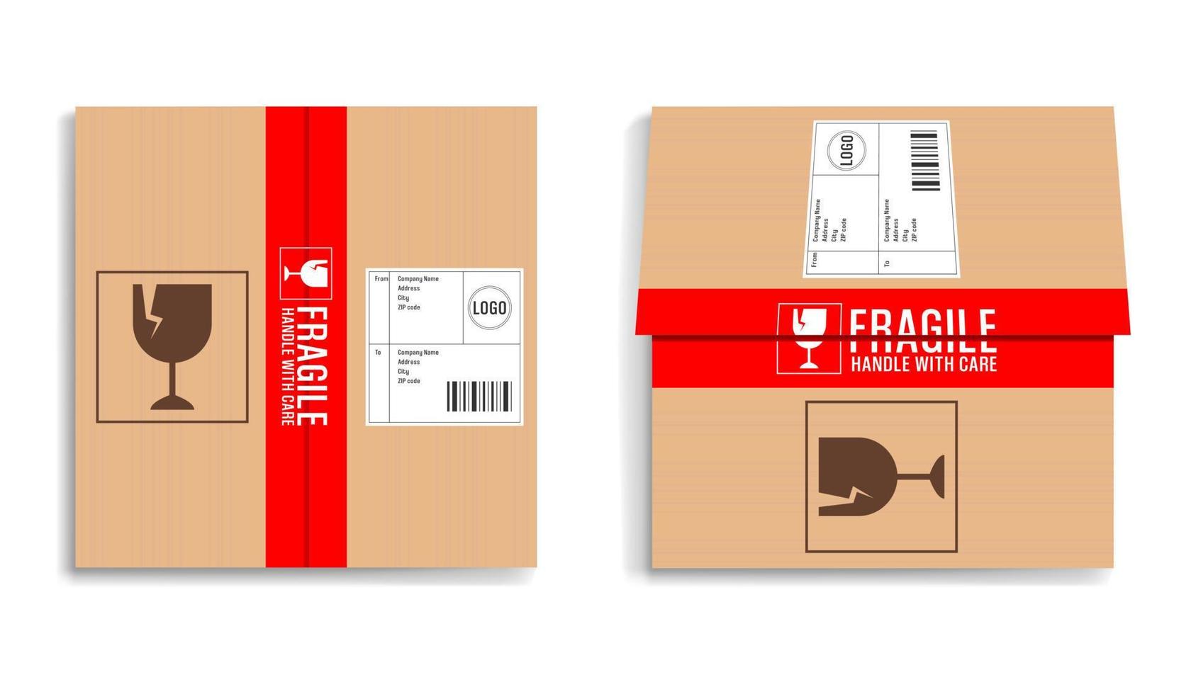 3d cardboard box with red adhesive tape marked fragile. Shipping box vector illustration