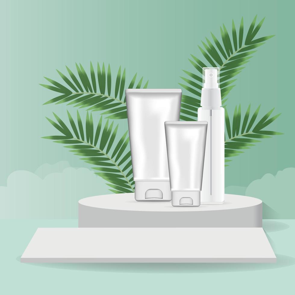 Blank cosmetic tube and spray bottle makeup with podium stage - Decorated with green leaves background vector