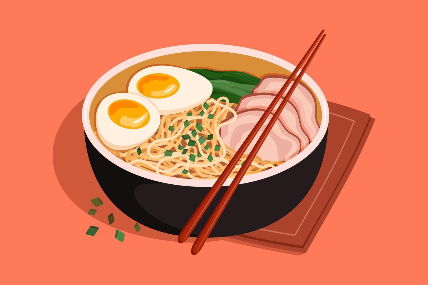 Bowl of ramen noodles with pork and egg. Asian cuisine. Vector illustration