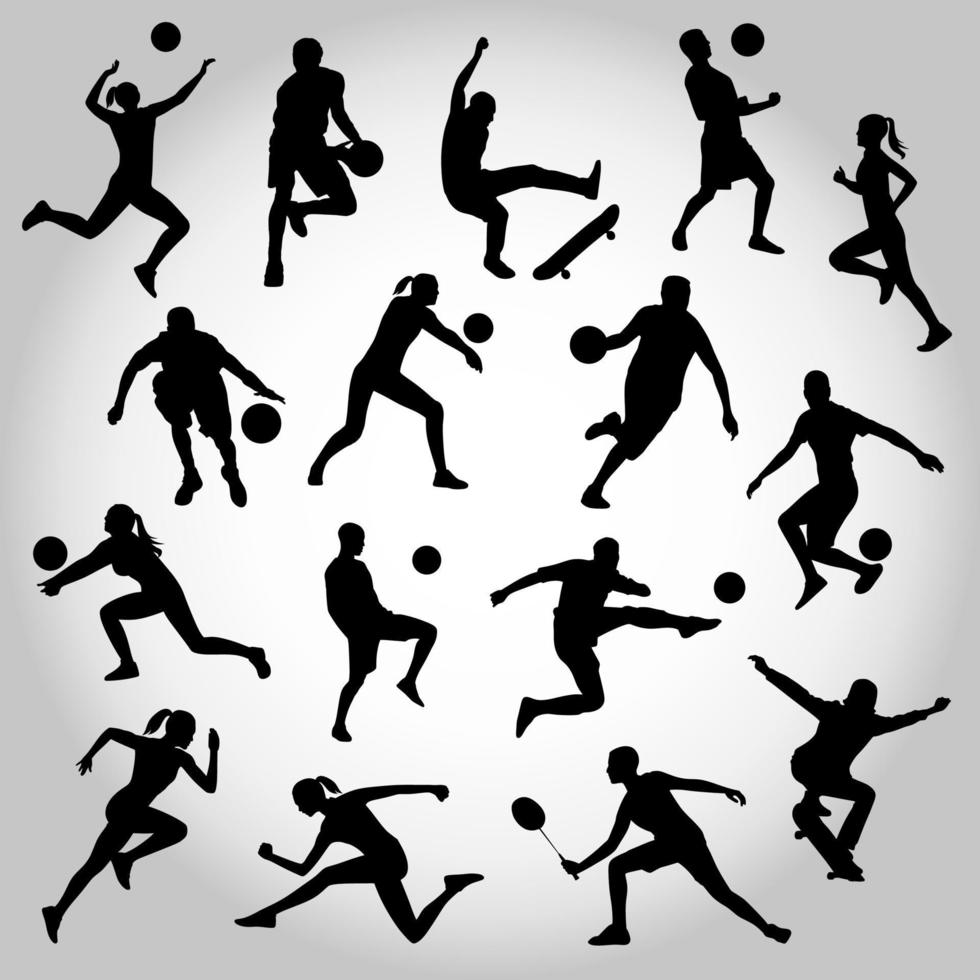 big set vector illustration of people in various sport with silhouette black style element