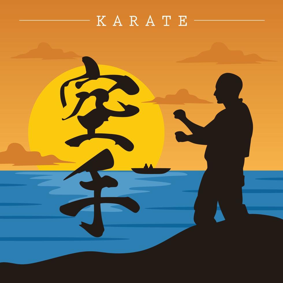 Vector illustration of Karate man practice in the beach when sunset with poster or t-shirt illustration style