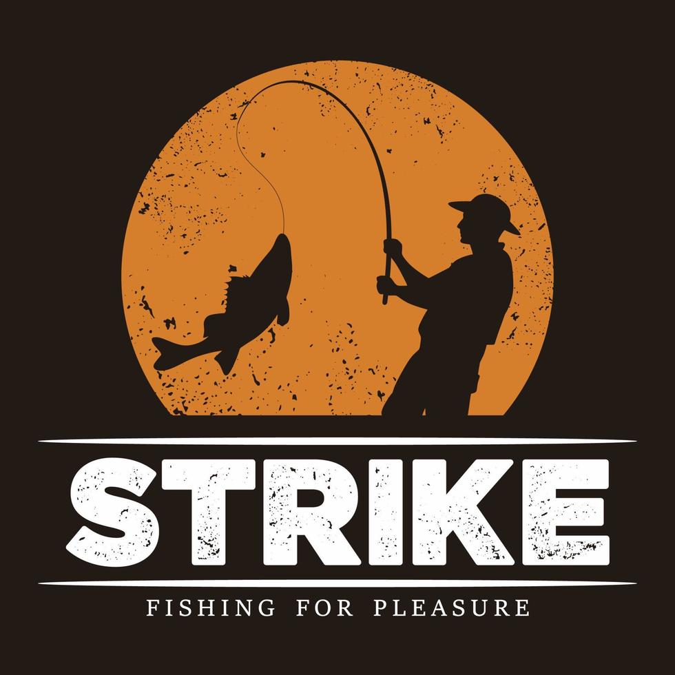 Vector illustration of man fishing strike for company logo badge or t-shirt design isolated on black background