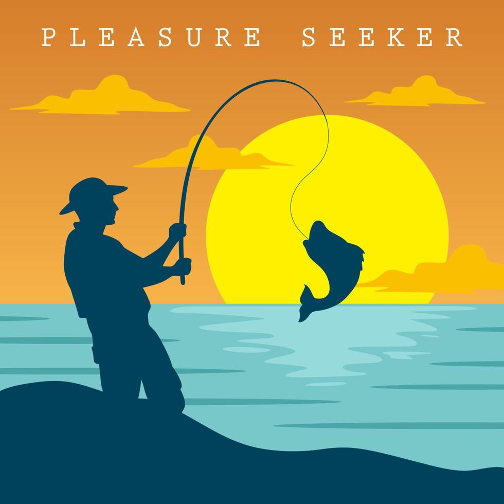 Vector illustration of Man fishing on the sea when sunset in silhouette style