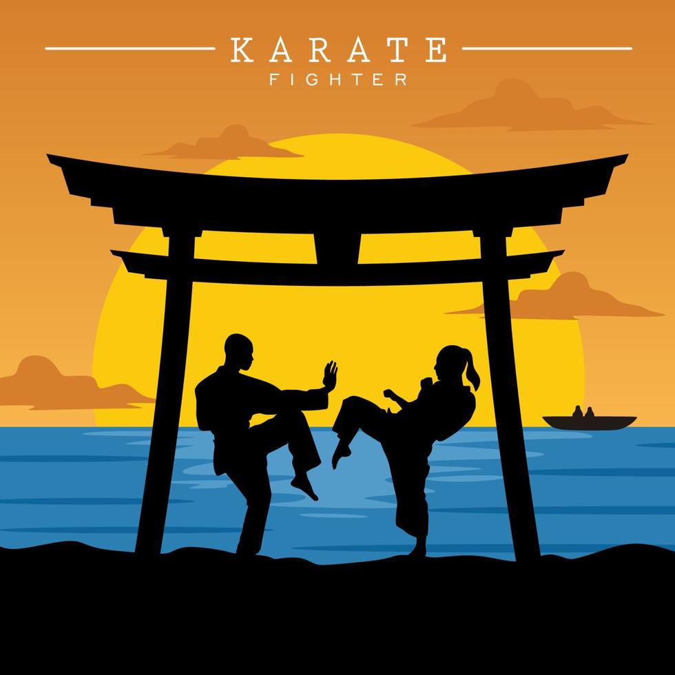 vector ilustración de Pareja práctica kárate lucha debajo portón con puesta de sol playa antecedentes para camiseta, póster, etc