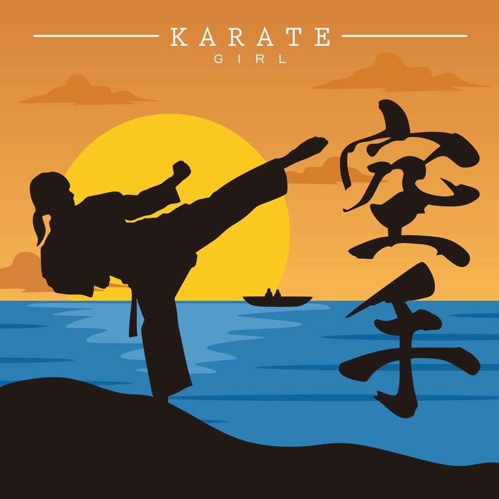 Vector Illustration of Karate girl with sunset beach background.