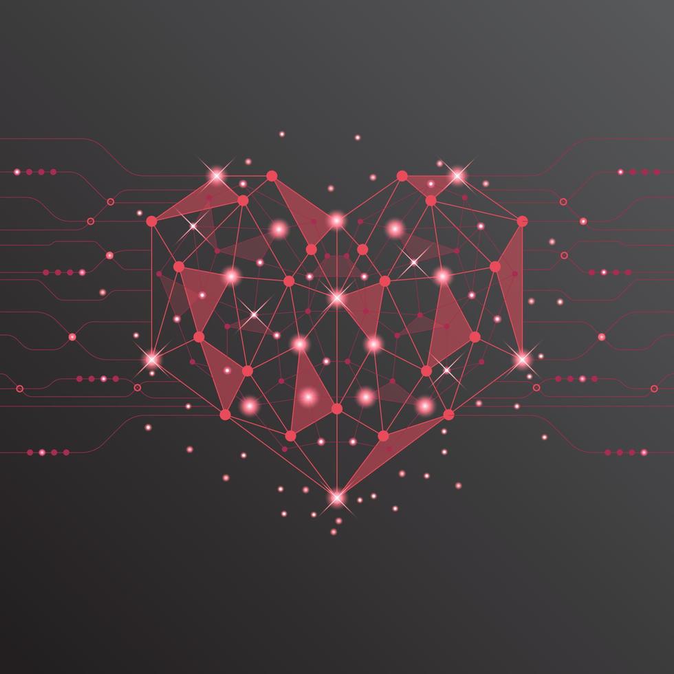 Resumen de fondo de San Valentín de tecnología de corazón rojo. tecnología con línea, digital, corazón, punto, alta tecnología, concepto de San Valentín, vector. corazón tecnológico para el día de san valentín, fondo, banner web. vector