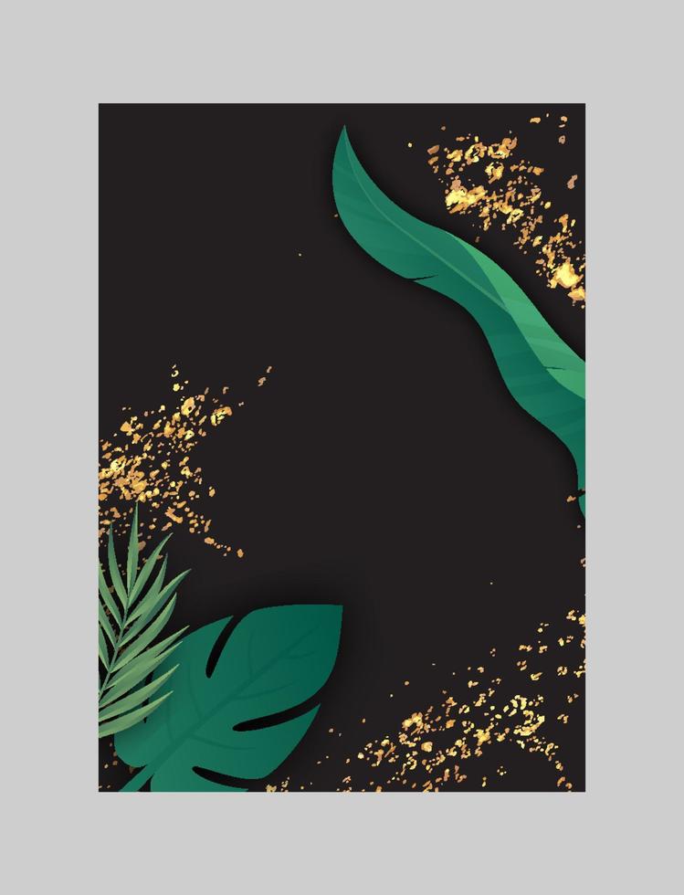 Vector tropical banners set. Banana leaf with gold splash on black background. Exotic botany for cosmetics, spa, perfume, health care products, aroma, tourist agency, summer party invitation