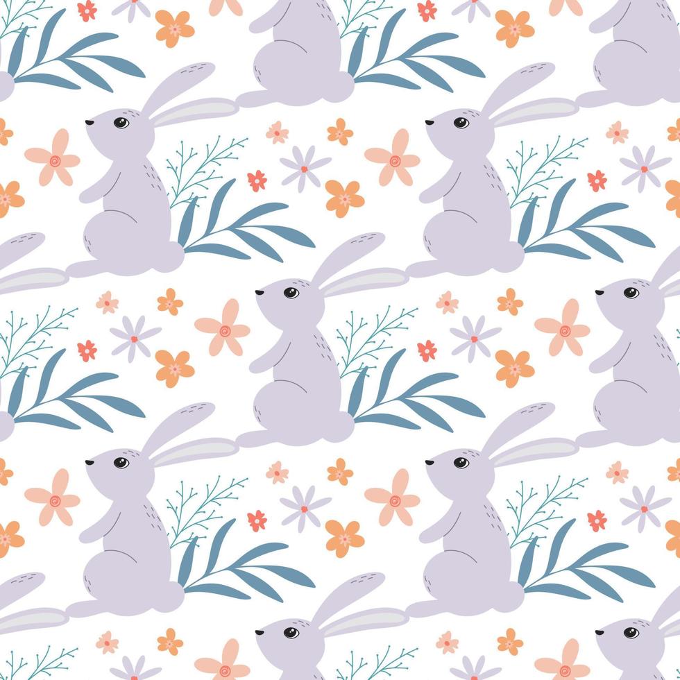 Easter bunnies in flowers seamless pattern vector