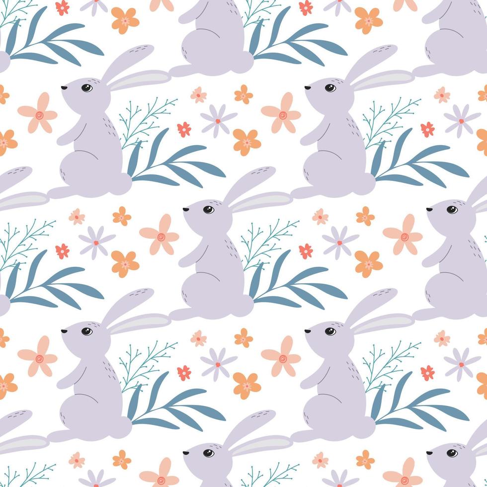 Easter bunnies in flowers seamless pattern vector