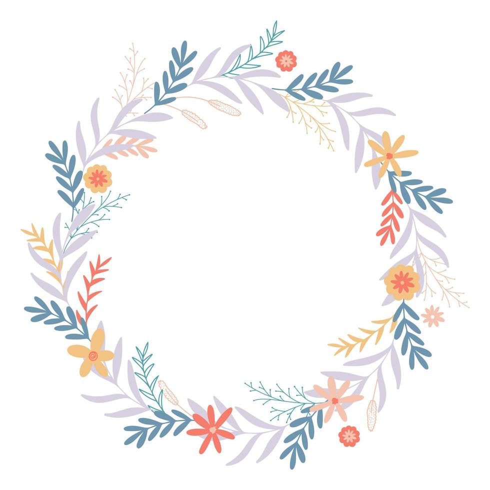 Spring flowers and herbs round wreath vector