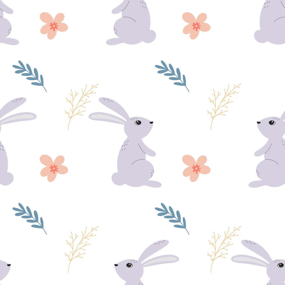 Hares in flowers and herbs cute seamless pattern vector
