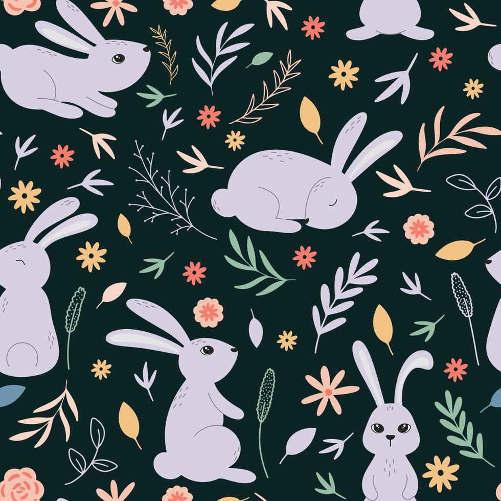 Rabbits in herbs and flowers seamless pattern vector