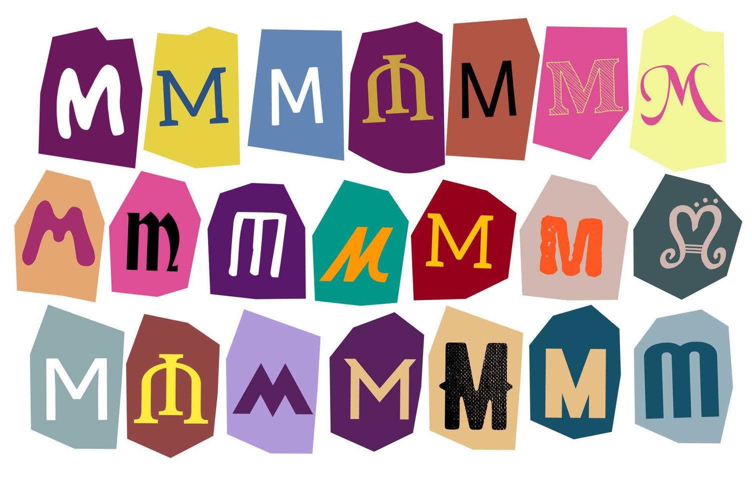 Alphabet M- vector cut newspaper and magazine letters, paper style ransom note letter