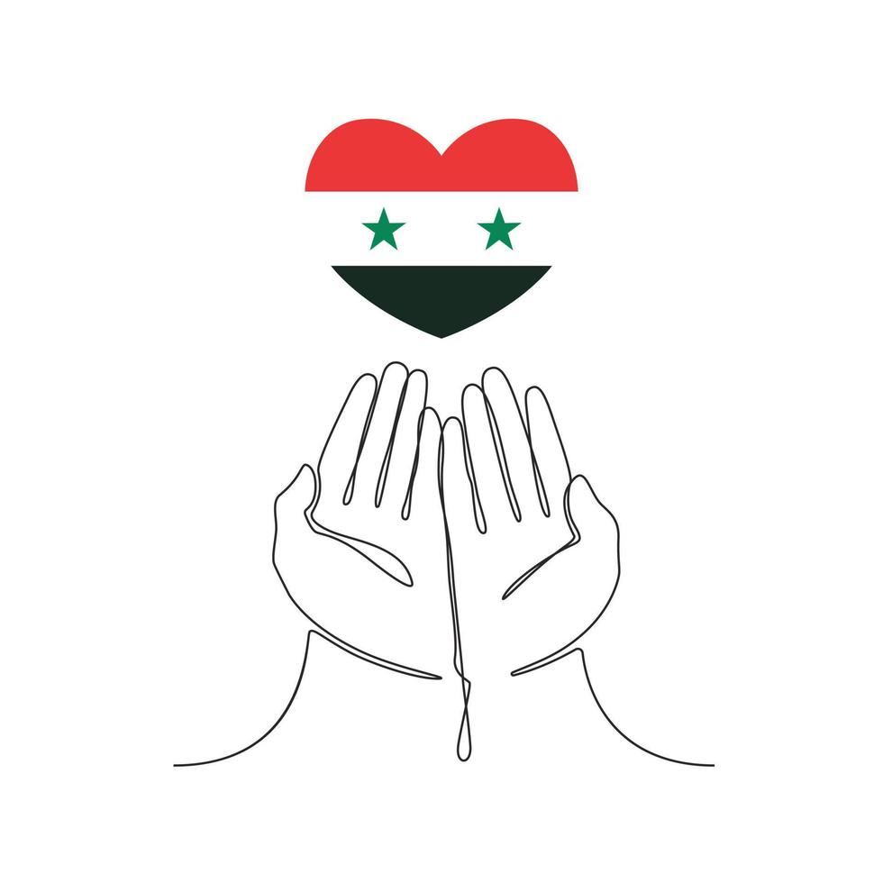 One continuous line drawing of praying hands and the flag of Syria. Vector illustration