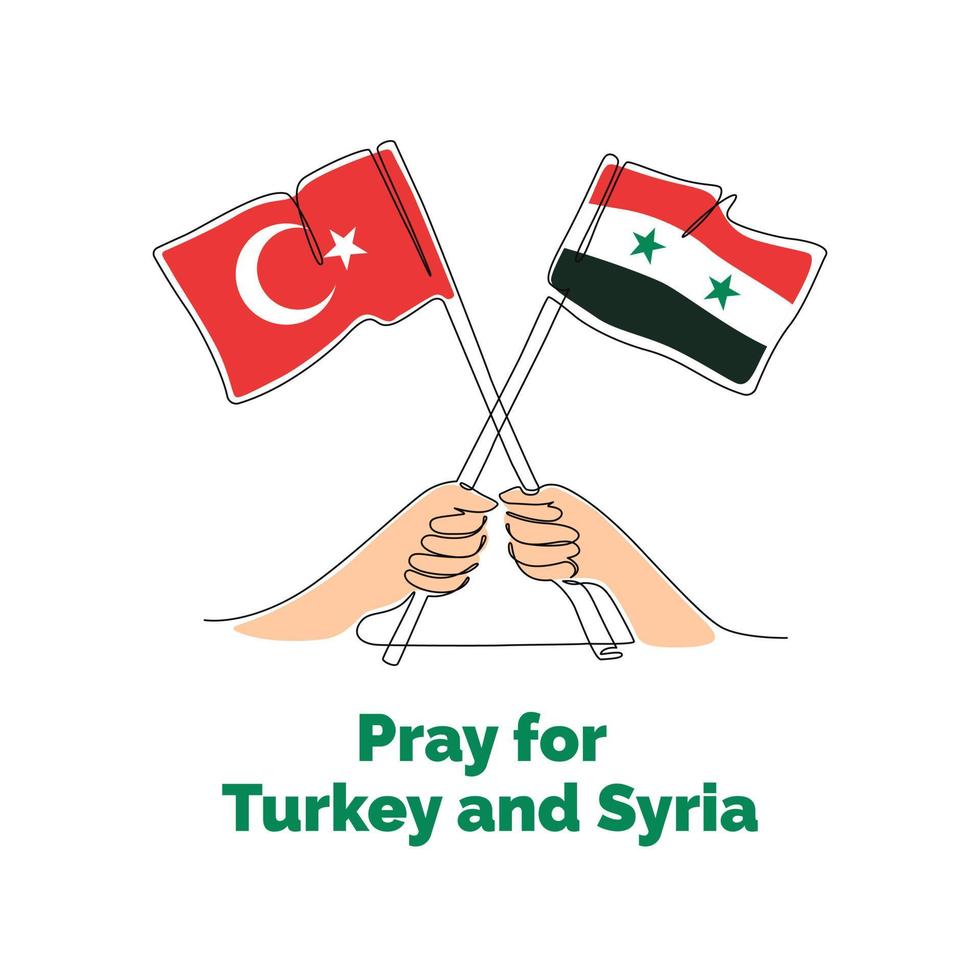 Pray for Turkey and Syria. One continuous line drawing of poster design with flags. Vector illustration.