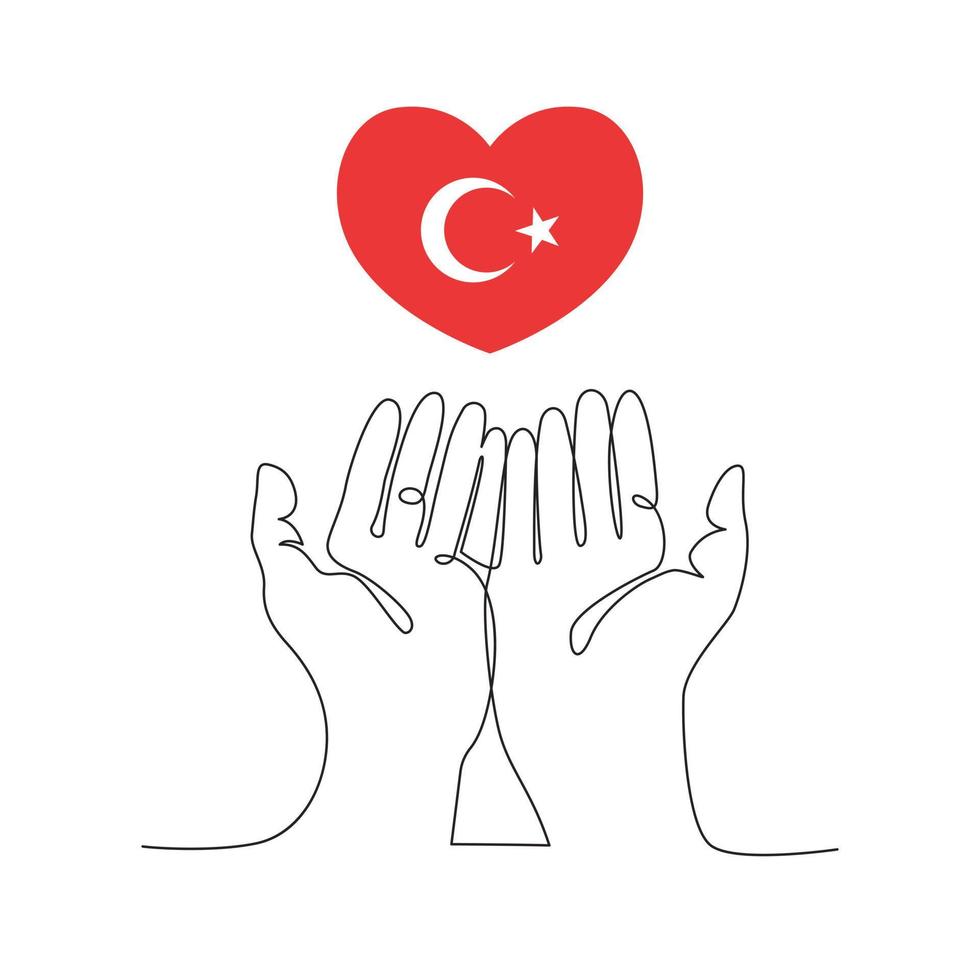 Pray for Turkey. One continuous line drawing of poster design with flag. Vector illustration