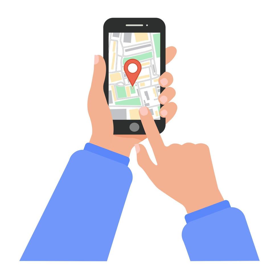 Smartphone in a person's hand, the location icon is shown on the screen. Vector illustration.