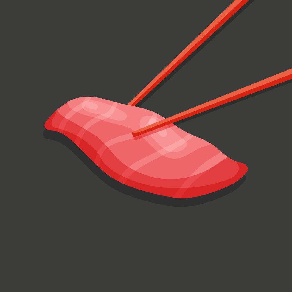 Slice of tuna. Asian food. Sushi ingredients in chopsticks. Asian cartoon delicacies vector