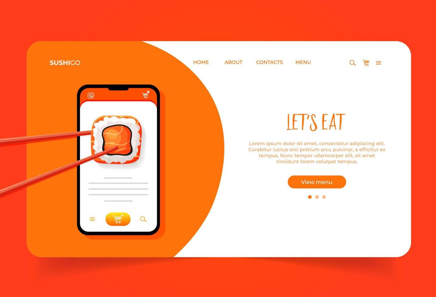 Landing page with sushi and wooden chopsticks in smartphone. Asian food. Homepage with phone prototype app with sushi vector