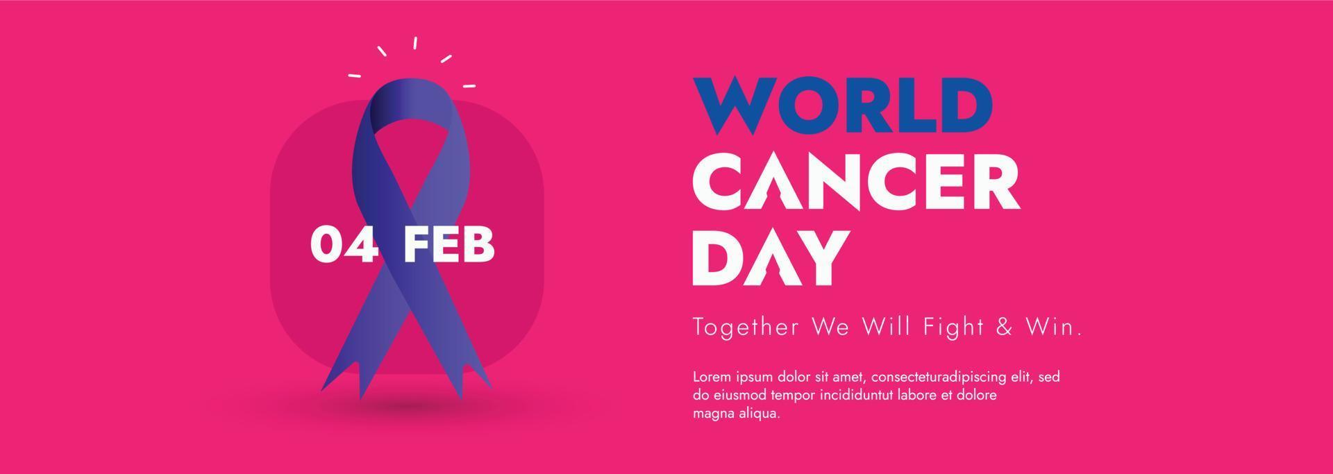 International Cancer Day. World Cancer Day Banner. 4th February world cancer day poster with purple ribbon on pink background. Cover photo and banner. 04 Feb banner template. vector