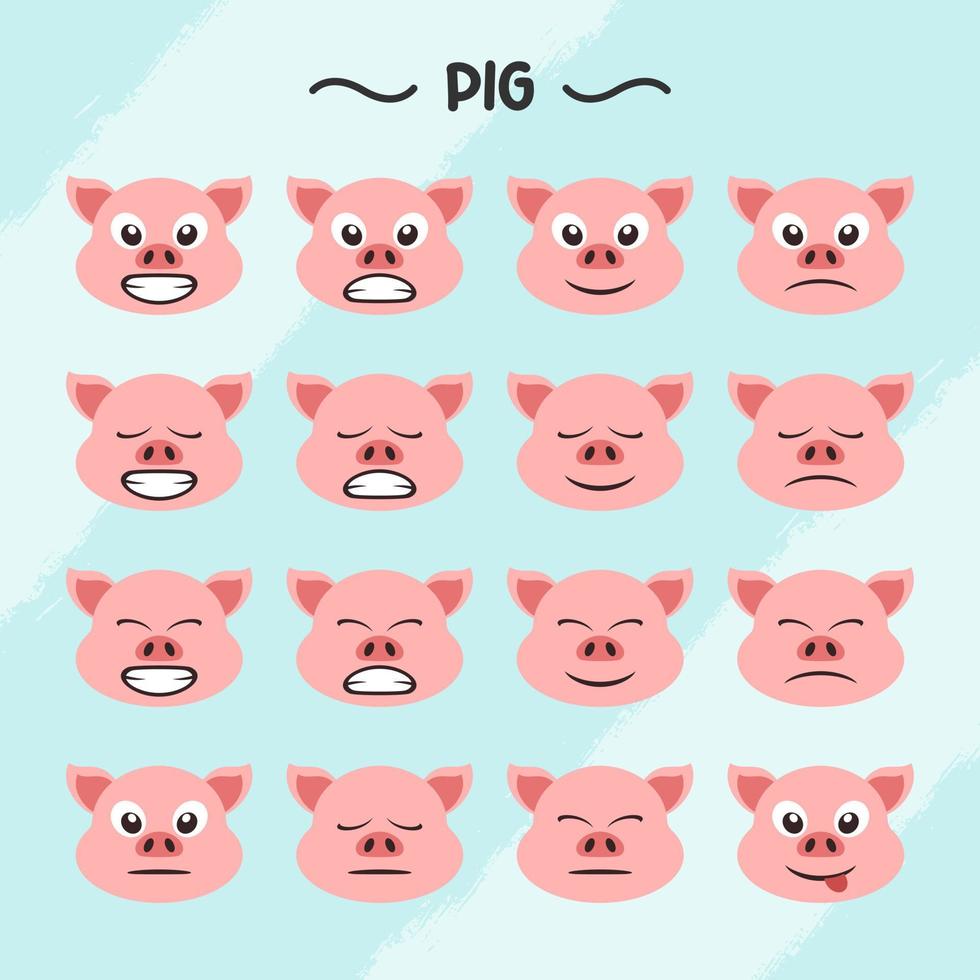 Collection of pig facial expressions in flat design style vector