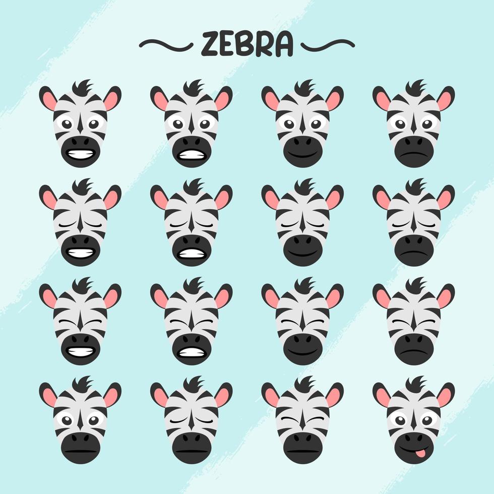 Collection of zebra facial expressions in flat design style vector