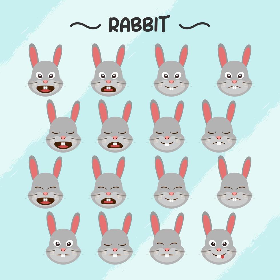 Collection of rabbit facial expressions in flat design style vector