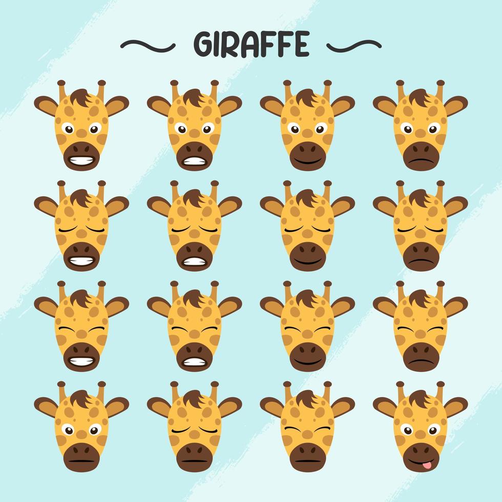 Collection of giraffe facial expressions in flat design style vector